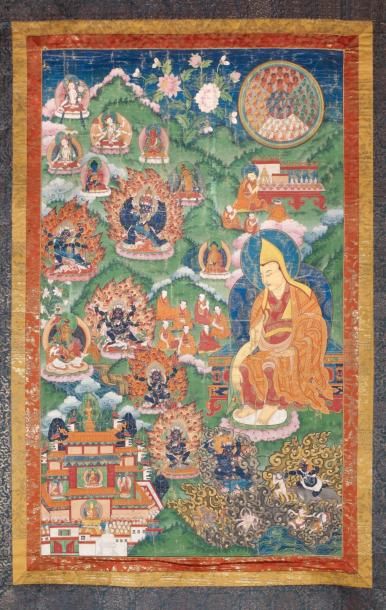 null Tanka en hauteur Tsongcapa assis entouré de divinités Détrempe sur soie. Tibet,...