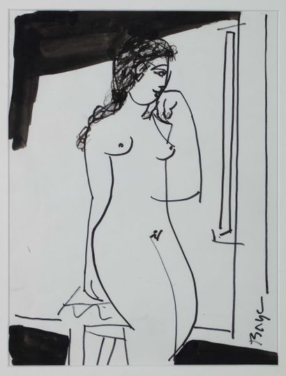 null 7 Claude BAYE (born in 1922) Female nude China ink on paper. Signed lower right....