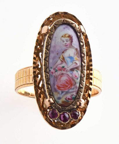 null Yellow gold ring 18K 750 thousandths decorated with a polychrome painted oval...