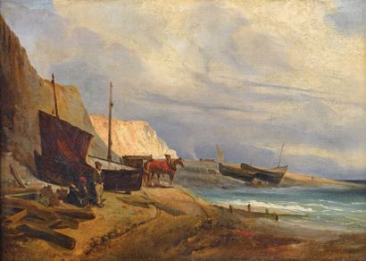 null Ecole d'Eugène LE POITTEVIN (1806-1870) Pêcheurs en bord de côte normande Huile...