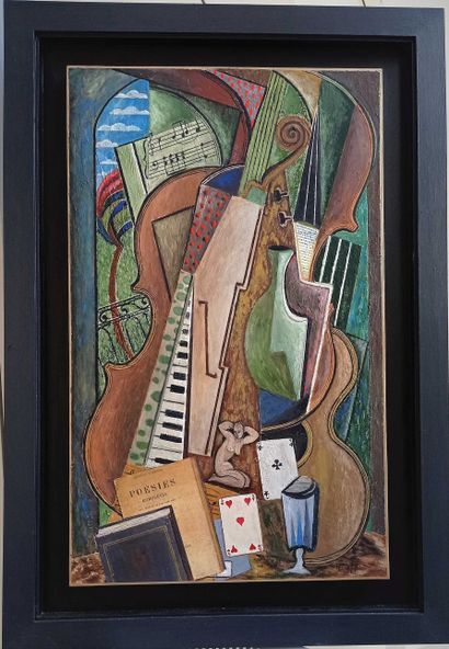 null XXth CENTURY SCHOOL Cubist composition. Mixed media on wood panel. Signed "Petroff"...