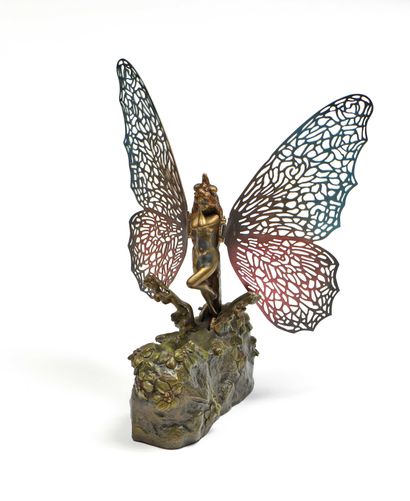 null Carl KAUBA (1865-1922) Butterfly Bronze à patine polychrome Signé sur la terrasse...