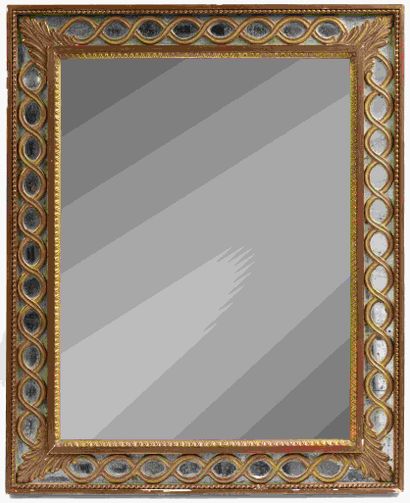 null Rectangular mirror in gilded wood and green lacquered with glazes decorated...