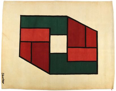 null Jacques BORKER (né en 1922) Tapis à motif géométrique vert et rouge sur fond...