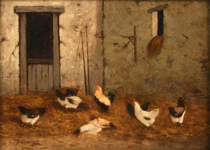 null Claude GUILLEMINET (1821-1874) Base cours poulettes blanches Huile sur toile...