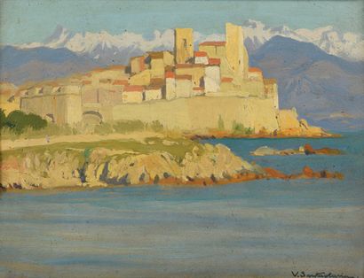 null Vicente SANTAOLARIA (1886-1967) Ville en bord de mer Village sur fond de collines...