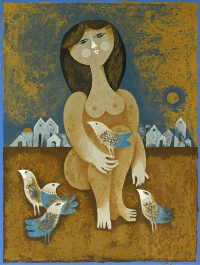 Sami BRISS (1930) Femme aux colombes Lithographie...