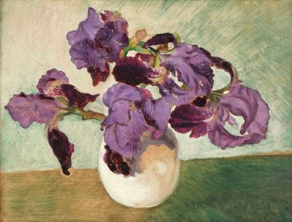 null Vicente SANTAOLARIA (1886-1967) Bouquet d iris dans un vase blanc Coucher de...