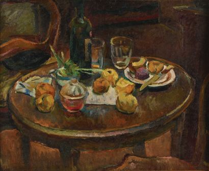 null Joseph Constantinovsky (1892-1969) Table et fruits Huile sur toile, porte au...