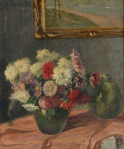 null Georges TCHERKESSOF (1900-1949) Chrysanthèmes Huile sur toile, porte au dos...