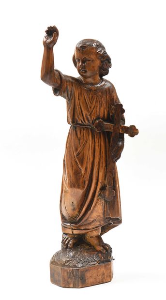 null 182 Statuette en bois sculpté, saint Jean-Baptiste bénissant, vêtu d une longue...