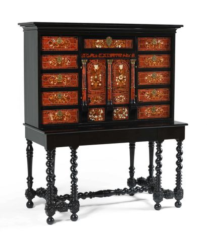 null 279 Cabinet en bois noirci à riche décor marqueté d ivoire, d os et de bois...