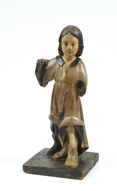 null 191 Statuette d enfant en bois sculpté et repolychromé. France début du XVIIIe...