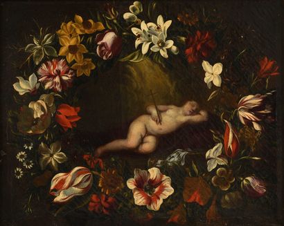 null 8 Pier Francesco CITTADINI (1616-1681), attribué à Couronne de fleurs entourant...