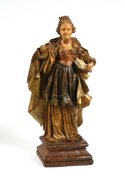 null 178 Statue en bois sculpté et polychromé représentant un personnage féminin...