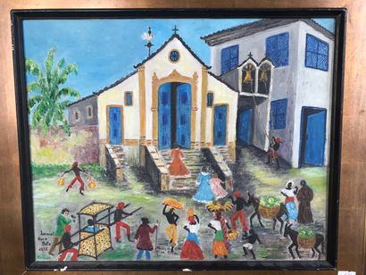 null Ecole Brésilienne du XXème siècle Eglise à Vila Rica Huile sur toile signée...