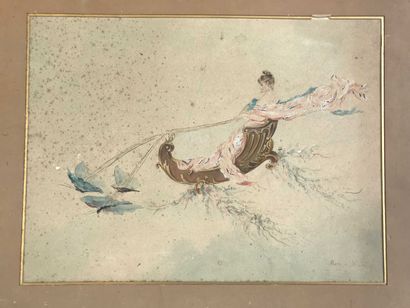 null Marie de WINSGAFFENZ. Femme dans un char tiré par des papillons. 1885. Aquarelle...