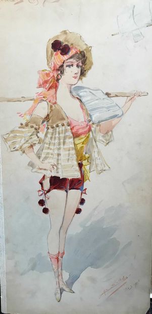 null ECOLE DU XXe SIECLE Elégantes, 1906 Deux aquarelles et gouaches sur carton....