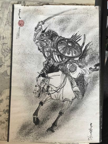 null Lot comprenant : Le samouraï encre sur toile signée en bas à droite 40x26.5cm...