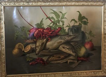 null Two chromographies Still life with fishes and partridges 53 x 78 cm and reproduction...