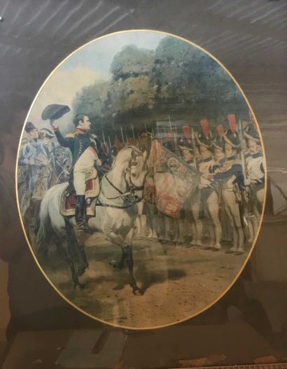 null Gravure « Napoléon de profil et ses généraux » 59x44cm / La revue des troupes...