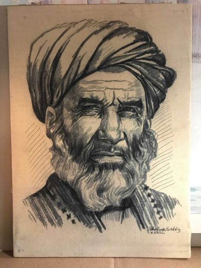 null Ghulam SEDDIG. Portrait d homme. Signé et situé Kabul. Feutre sur toile. 64...