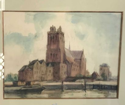 null André LYNEN (1888 1984) siècle Eglise Aquarelle située Dordrecht en bas à droite....