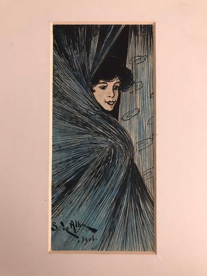 null S. de ALBA (XXe) Femme au rideau, 1901 Encre et pastel sur papier. Signé et...