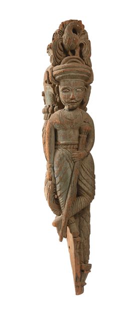 null INDIA. Wooden decorative element representing a warrior, birds and elephants....