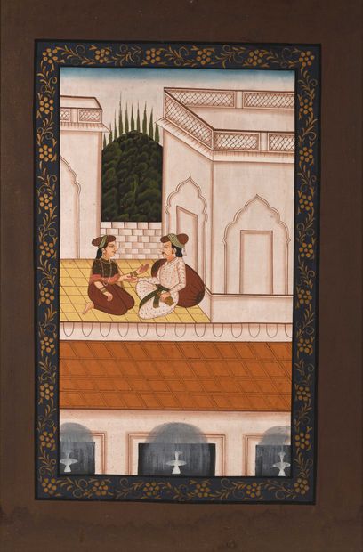 null India. Hanging decorated with a couple conversing outside a palace. 90 x 59,5...