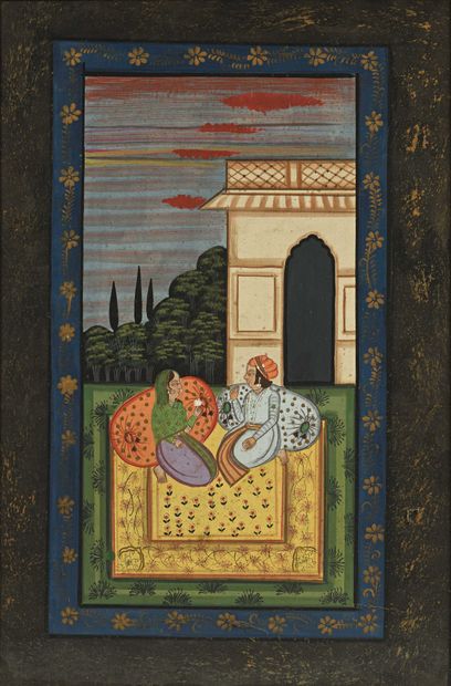 null India. Hanging decorated with a couple conversing in front of the garden of...
