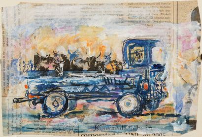 null 169 Bruce CLARKE (Born 1959) Trucks with oxen, 1997 Mixed media on newspaper,...