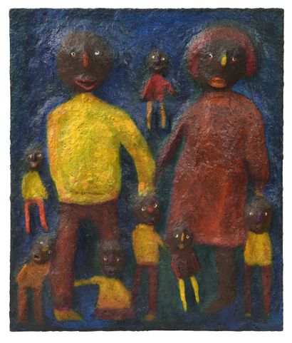 null 104 Famille, 1987 Wall sculpture in papier mâché on wood panel. Signed Mickaël...