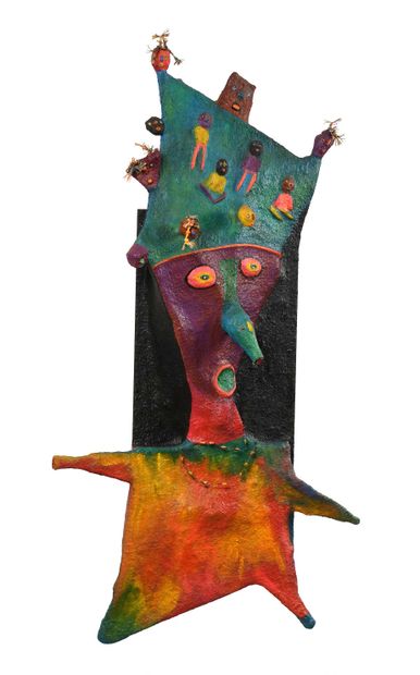 null 116 Pinocchio, 1991 Wall sculpture, polychrome paper mache decorated with raffia...