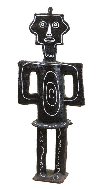 null 98 Totem, 2013 Black and white paper mache sculpture on wire mesh wood. Signed...