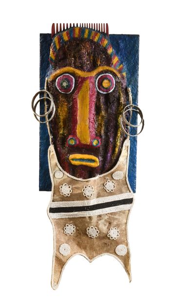 null 115 Mask, 2014 Sculpture in polychrome papier mâché on wood grill, decorated...