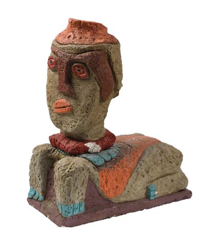null 141 Sphinx, circa 1995 Sculpture in cut polychrome Siporex. Signed under the...
