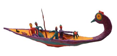 null 121 Pirogue 2, 2020 Sculpture in polychrome papier-mâché on wood grill, decorated...