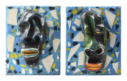 null 109 Two faces, circa 1983-1985 Wall sculptures in terracotta and plaster glued...