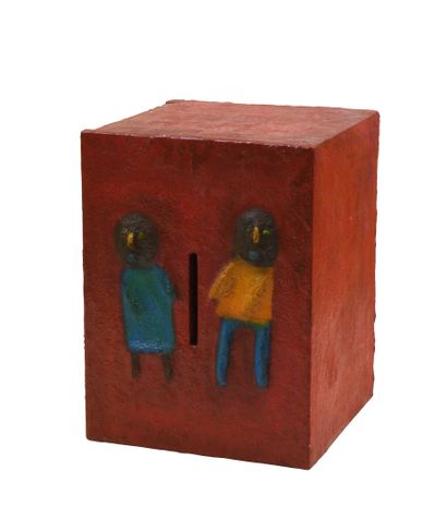 null 143 Letter box in wood and paper mache decorated with two characters. Not signed....