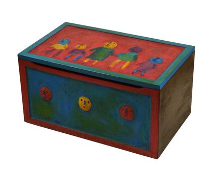 null 144 Wood and papier-mâché chest decorated with half-round figures. Not signed....