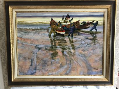 null 24 Michel KING (1930) Doris on the beach Oil on canvas Signed lower right Titled...