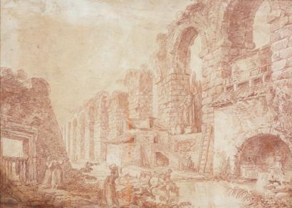 Hubert ROBERT, entourage de Paysage animé avec l'aqueduc de Claude Sanguine. Taches,...