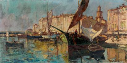 Georges LAPCHINE (1885 - 1951) Port de pêche à St Tropez Huile sur toile signée en...