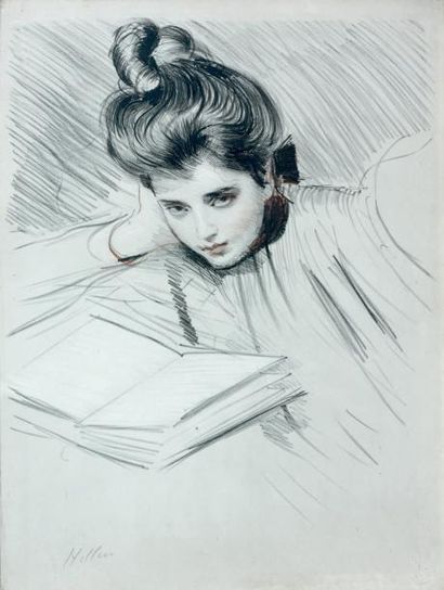 Paul César HELLEU (1859 - 1927) La lecture Dessin aux trois crayons. 44 x 32,5 c...