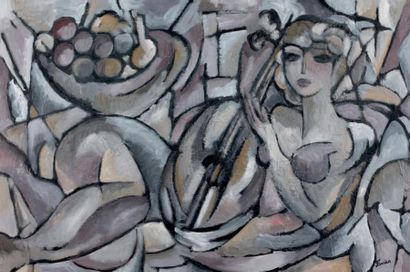 Pierre FAVIER (1889 - 1969) Femme cubiste à la mandoline Huile sur toile signée en...