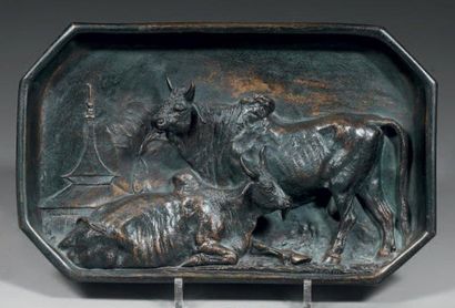 D'après Christophe FRATIN (1801 - 1864) Deux zébus Bas-relief en bronze à patine...