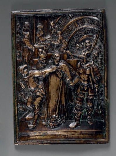 null Plaque rectangulaire en bronze représentant l'Arrestation du Christ. XVIIe siècle....