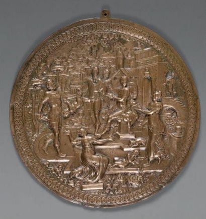 null Plaque circulaire en bronze représentant le Jugement de Salomon. Allemagne du...