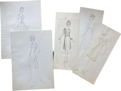 null Set of 19 fashion drawings signed Shon Whon Kyung. Pencil, gouache and watercolor...